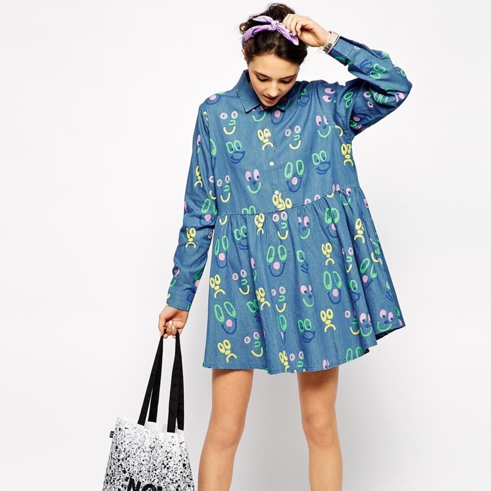 Lazy Oaf Blue Mini Dress with Neon Smiley Print